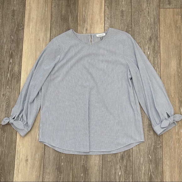 NEW CALVIN KLEIN BLUE WHITE STRIPED BLOUSE TOP WITH BOWS - Picture 2 of 11